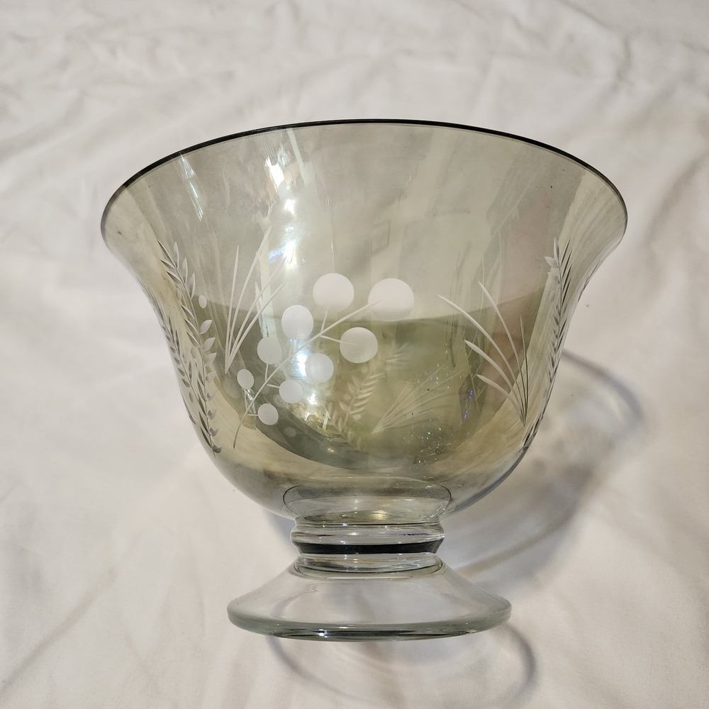 Lenox Etchings Iridescent Green Crystal Footed Bowl Large 9"D Etched Foliage New